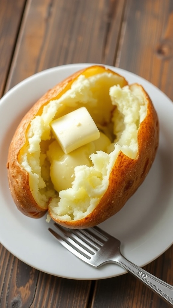 Microwave Baked Potato Recipe A fluffy microwave baked potato topped with butter and salt on a white plate.